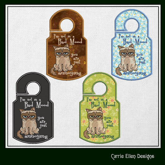 Bad Mood Cat ITH Door Knob Hanger Machine Embroidery Design, Grumpy Cat In The Hoop Door Sign Project (1425)