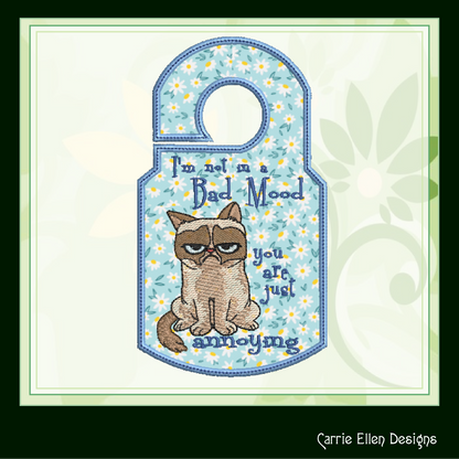 Bad Mood Cat ITH Door Knob Hanger Machine Embroidery Design, Grumpy Cat In The Hoop Door Sign Project (1425)