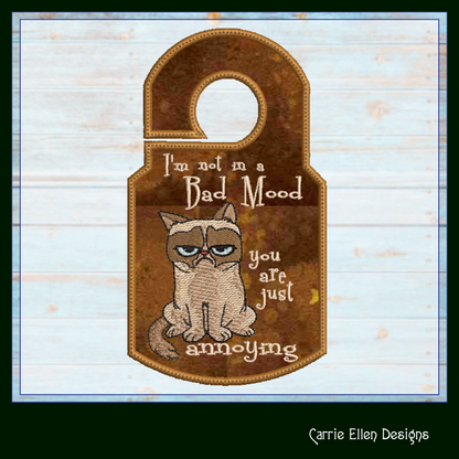 Bad Mood Cat ITH Door Knob Hanger Machine Embroidery Design, Grumpy Cat In The Hoop Door Sign Project (1425)