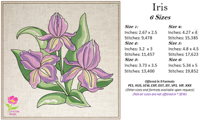 Iris Machine Embroidery Design, Iris Flower Design, Pink and Lilac Garden Flowers Embroidery, 6 Sizes. (0318)