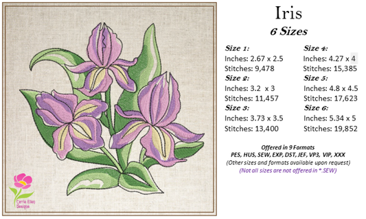 Iris Machine Embroidery Design, Iris Flower Design, Pink and Lilac Garden Flowers Embroidery, 6 Sizes. (0318)