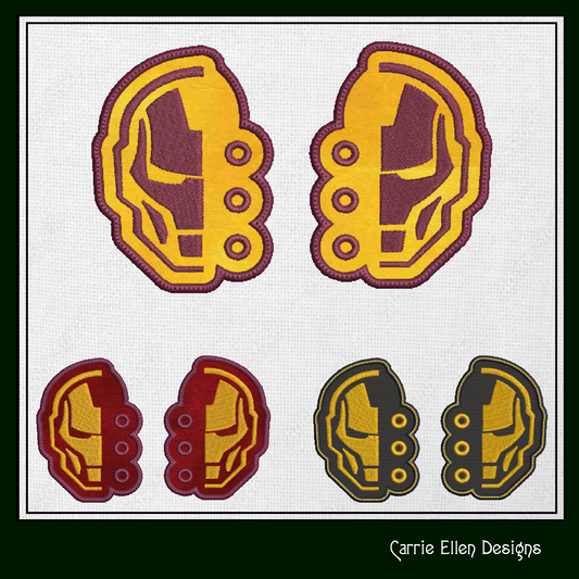 Iron Man-Inspired ITH Shoe Wing Machine Embroidery Design – Superhero Mask Logo In The Hoop Embroidery Project for Shoes and Boots – 4x4 & 5x7 Hoop (1773)