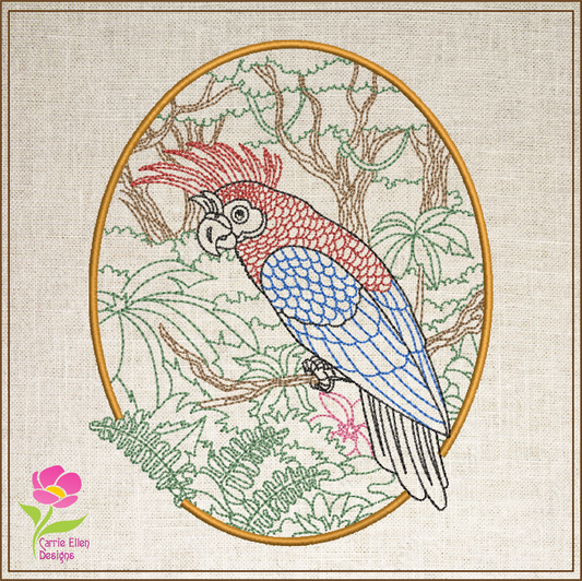 Parrot Machine Embroidery Design, Tropical Jungle Bird Line Art Sketch Design, 4 Sizes (0422)