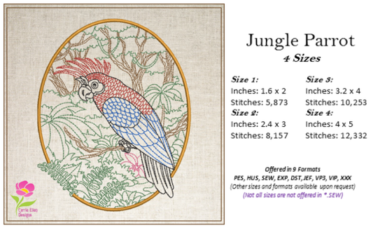 Parrot Machine Embroidery Design, Tropical Jungle Bird Line Art Sketch Design, 4 Sizes (0422)