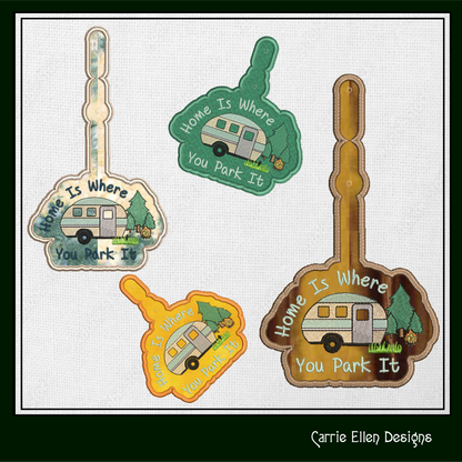 Home is Where You Park It ITH Key Fob Machine Embroidery Design, In The Hoop Camping Keychain Project for 4x4 & 5x7 Hoop (1280)