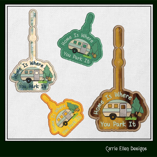 Home is Where You Park It ITH Key Fob Machine Embroidery Design, In The Hoop Camping Keychain Project for 4x4 & 5x7 Hoop (1280)