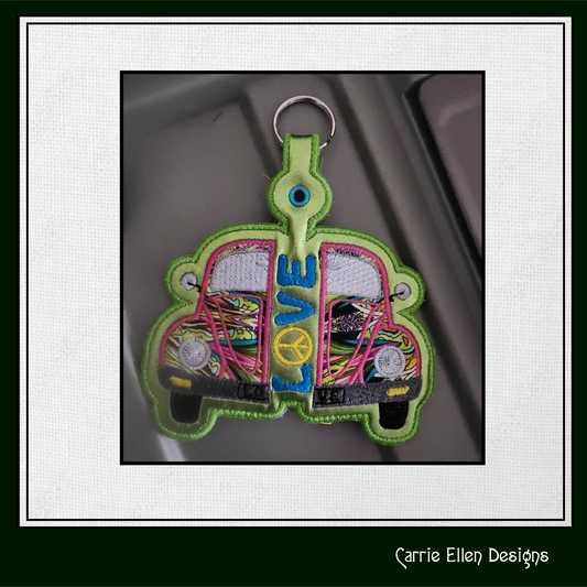 Retro Love Bug ITH Key Fob Machine Embroidery Design, Boho Hippie In-The-Hoop Embroidery Project (1293)