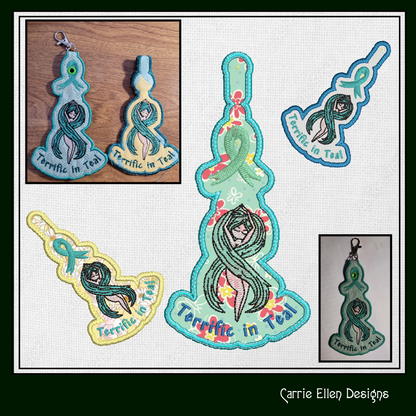 Terrific In Teal ITH Key Fob Machine Embroidery Design | Ovarian Cancer Awareness In The Hoop Key Tag (1295)