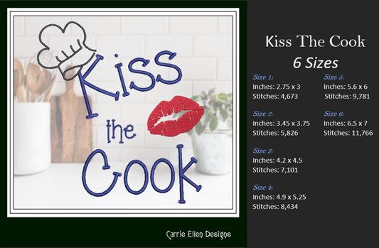 Kiss The Cook Machine Embroidery Design – Cooking Chef with Red Lips Embroidery Quotes, 6 Sizes (1119)
