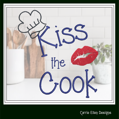 Kiss The Cook Machine Embroidery Design – Cooking Chef with Red Lips Embroidery Quotes, 6 Sizes (1119)