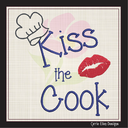 Kiss The Cook Machine Embroidery Design – Cooking Chef with Red Lips Embroidery Quotes, 6 Sizes (1119)