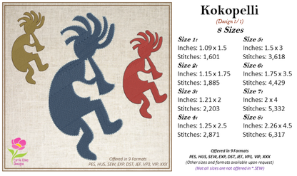 Kokopelli Embroidery Design Bundle, Dancing Kokopelli Embroidery Patterns, Tribal Art Design, Musical Embroidery, Flute, 6 Designs 8 Sizes Each (0477)