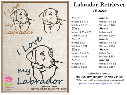I Love My Labrador Machine Embroidery Design – Black Lab Dog Design, Labrador Retriever Stitch File, 10 Sizes (0140)