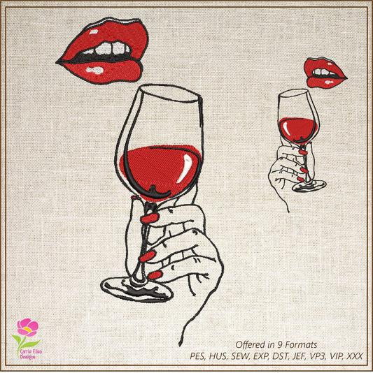 Lady Drinking Wine Machine Embroidery Design - Wine Glass & Red Lips, 6 Sizes (0628)