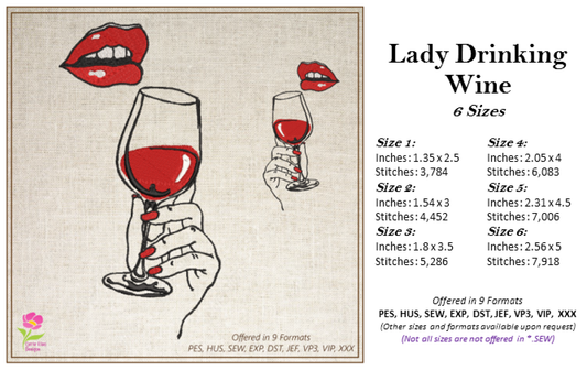 Lady Drinking Wine Machine Embroidery Design - Wine Glass & Red Lips, 6 Sizes (0628)