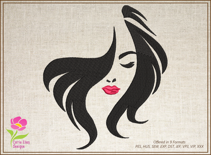 Beautiful Woman Face with Red Lips Machine Embroidery Design | Glamorous Female Face Embroidery | Chic Portrait Design | 10 Sizes (0479)