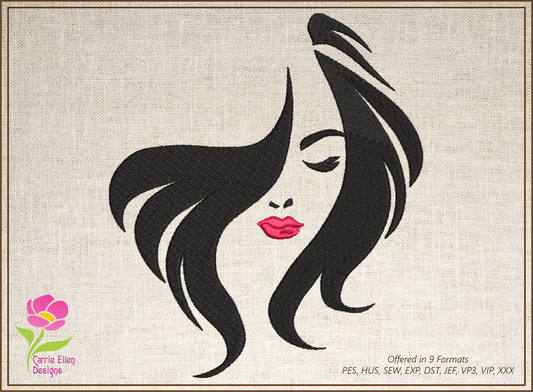 Beautiful Woman Face with Red Lips Machine Embroidery Design | Glamorous Female Face Embroidery | Chic Portrait Design | 10 Sizes (0479)