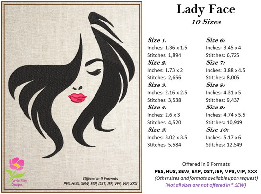 Beautiful Woman Face with Red Lips Machine Embroidery Design | Glamorous Female Face Embroidery | Chic Portrait Design | 10 Sizes (0479)
