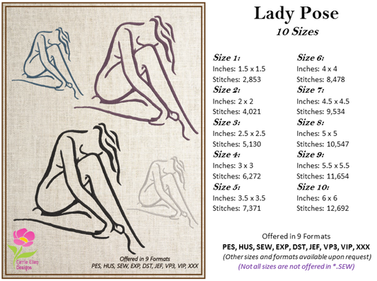 Lady Pose Machine Embroidery Design – Elegant Fine Art Nude Woman Stitch Pattern, 8 Sizes (0478)
