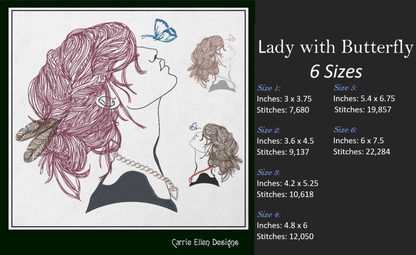 Lady with Butterfly Machine Embroidery Design – Beautiful Woman Profile Sketch – Casual Girl Art – 6 Sizes (1246)