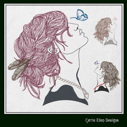 Lady with Butterfly Machine Embroidery Design – Beautiful Woman Profile Sketch – Casual Girl Art – 6 Sizes (1246)