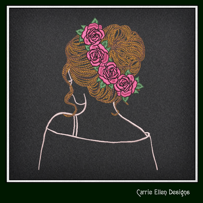 Lady with Roses Machine Embroidery Design – Elegant Woman Sketch Art, 6 Sizes (1243)
