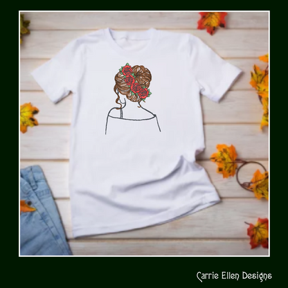 Lady with Roses Machine Embroidery Design – Elegant Woman Sketch Art, 6 Sizes (1243)