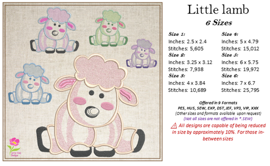 Little Lamb Machine Embroidery Design – Children’s Animal Pattern for Nursery & Baby Décor, 6 Sizes (0528)