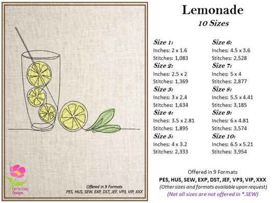 Lemonade Machine Embroidery Line Art Design – Summer Lemon Fruit Pattern, Refreshing Citrus Embroidery, Sour & Tart Design, 10 Sizes (0634)