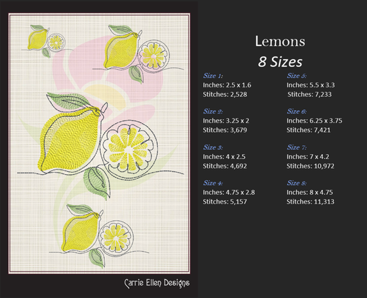 Fresh Lemons Machine Embroidery Design | Summer Citrus Fruit Embroidery | Orchard Fruits Design | 8 Sizes (0973)