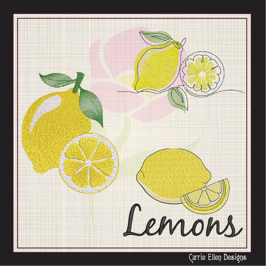 Lemon Machine Embroidery Design Bundle | Summer Citrus Fruit Digital Embroidery | 3 Designs, 8 Sizes Each (0975)