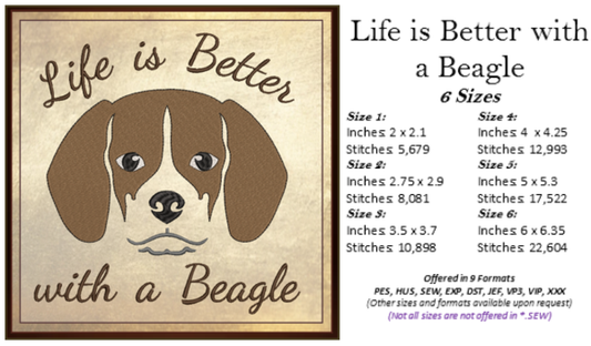 Life is Better with a Beagle Machine Embroidery Design | Dog Lover Pet Embroidery | Beagle Animal Design | 6 Sizes (0739)