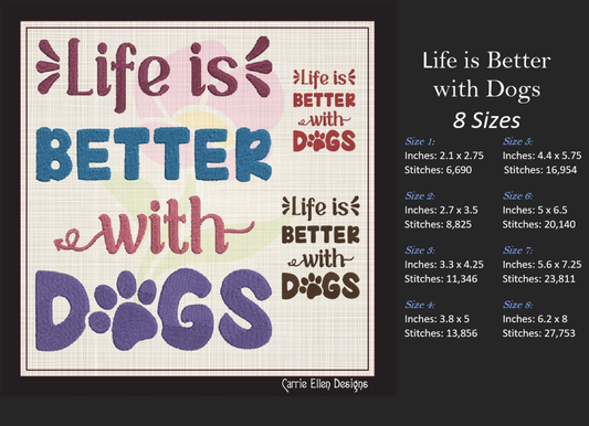 Dog Saying Embroidery Design – Life is Better with Dogs Machine Embroidery – Fun Pet Lover Quote – 8 Sizes (1122)