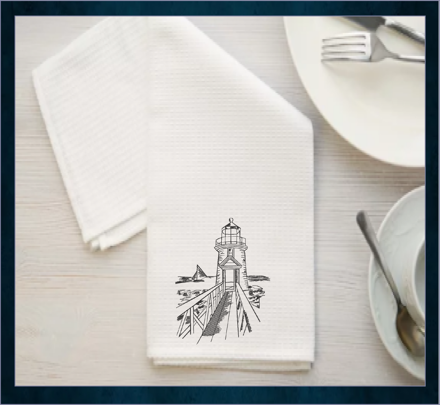 Rocky Pier Lighthouse Sketch Machine Embroidery Design – Coastal Seaside Landscape Pattern, 8 Sizes (0934)