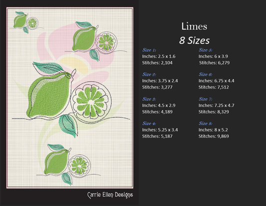Fresh Limes Machine Embroidery Design | Summer Citrus Fruit Embroidery | Orchard Fruits Design | 8 Sizes (0974)