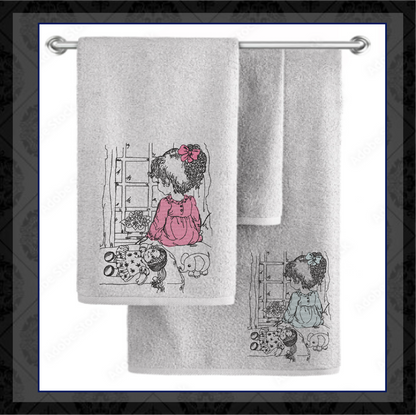 Little Girl Waiting Machine Embroidery Design | Girl Sitting in Window Sketch | Child with Doll Embroidery | 6 Sizes (0729)