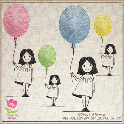 Little Girl with Balloon Machine Embroidery Design – Birthday Girl Embroidery – Cute Kids Outline Sketch – 8 Sizes (0233)