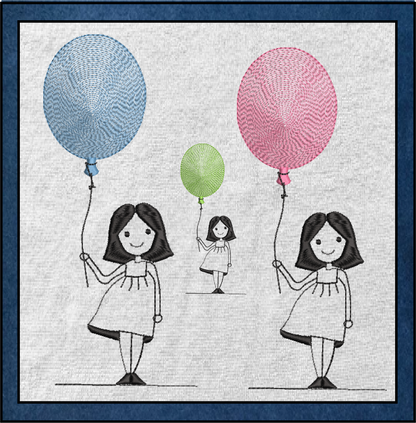 Little Girl with Balloon Machine Embroidery Design – Birthday Girl Embroidery – Cute Kids Outline Sketch – 8 Sizes (0233)