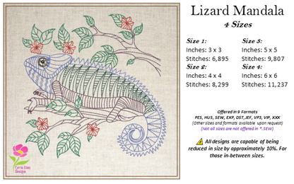 Lizard Mandala Machine Embroidery Design, Chameleon Wildlife Line Art Animal Design, 4 Sizes (0428)
