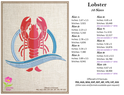 Lobster Machine Embroidery Design – Red Lobster Design – Bib or Kitchen Embroidery – 10 Sizes (0206)