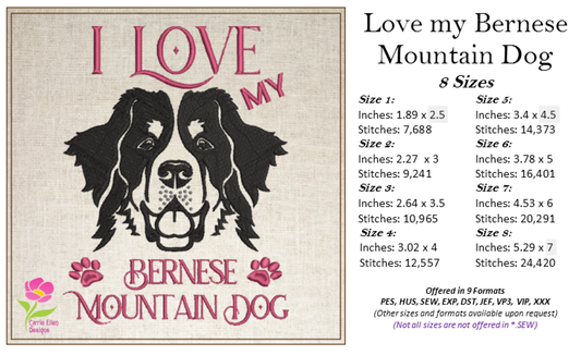 I Love my Bernese Mountain Dog Machine Embroidery Design, AKC Breed Embroidery Design, Dog Lover Embroidery, 8 Sizes (0336)