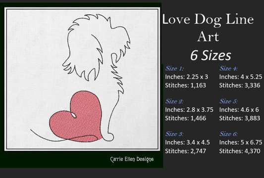 Dog Love Line Art Machine Embroidery Design – Love My Dog Outline Drawing – 6 Sizes (1580)