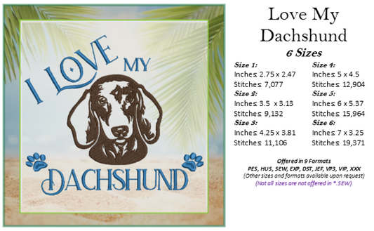 Love My Dachshund Machine Embroidery Design, Dachshund Embroidery, Dog Breed Machine Embroidery Design, Dog Lover Designs