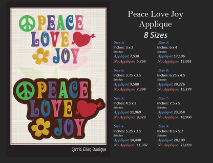 Peace Love Joy Applique Machine Embroidery Design – Hippie 70s Retro Vintage Boho Design (1008)