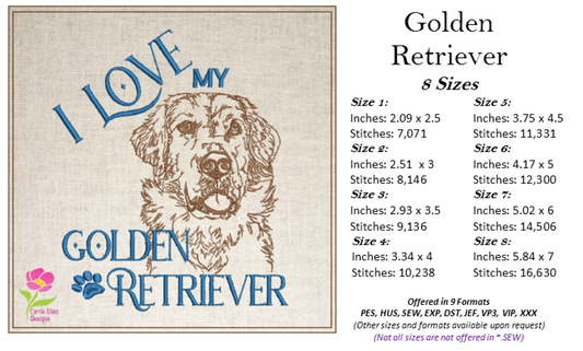 I Love My Golden Retriever Machine Embroidery Design – Pet Dog Pattern, Dog Lover, 8 Sizes (0514)