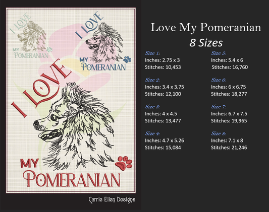 I Love My Pomeranian Machine Embroidery Design, Dog Design, German Spitz Sled Dog, Pet Embroidery, 8 Sizes (0334)