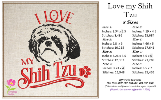 I Love My Shih Tzu Dog Machine Embroidery Design, Dog Breed Embroidery Design, Dog Lover Embroidery Designs, 8 Sizes (0338)