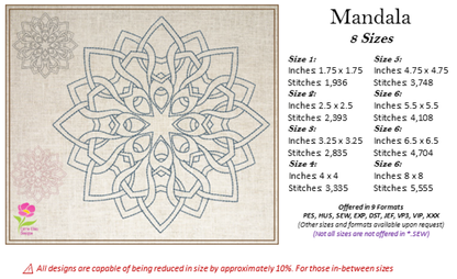 Mandala Machine Embroidery Design – Lace Floral Line Art, Spiritual Flower Embroidery, 8 Sizes (0312)