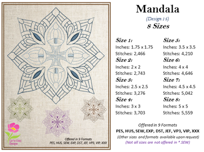 Mandala Machine Embroidery Design – Intricate Lace Floral Pattern, Spiritual Line Art Embroidery, 8 Sizes (0559)