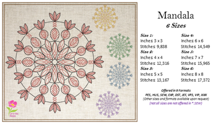 Mandala Machine Embroidery Design – Intricate Lace Floral Pattern, Spiritual Line Art Embroidery, 6 Sizes (0566)